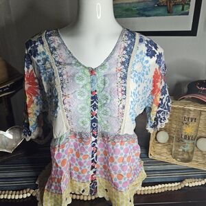 Johnny Was Multicolor Patchwork Blouse Size L